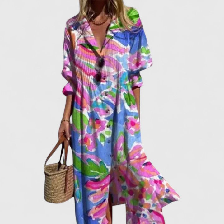 Susanne Weiss Geblümtes Maxi-Hemdblusenkleid für Damen | Leichtes Boho Sommerkleid | Floraler Print - S/M/L/XL/2XL/3XL
