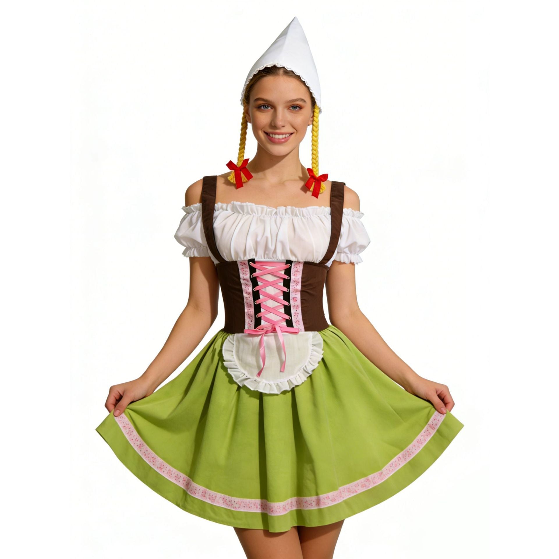 Vreni Grün Schulterfreies Dirndl Kostüm mit Schürze und Mütze für Damen | Oktoberfest Volksfest - S/M/L/XL/2XL/3XL