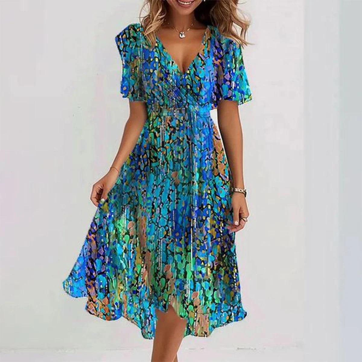 Monika Blau Bedrucktes V-Ausschnitt Sommerkleid für Damen | Leicht Fliessend | Sommerurlaub - S-3XL
