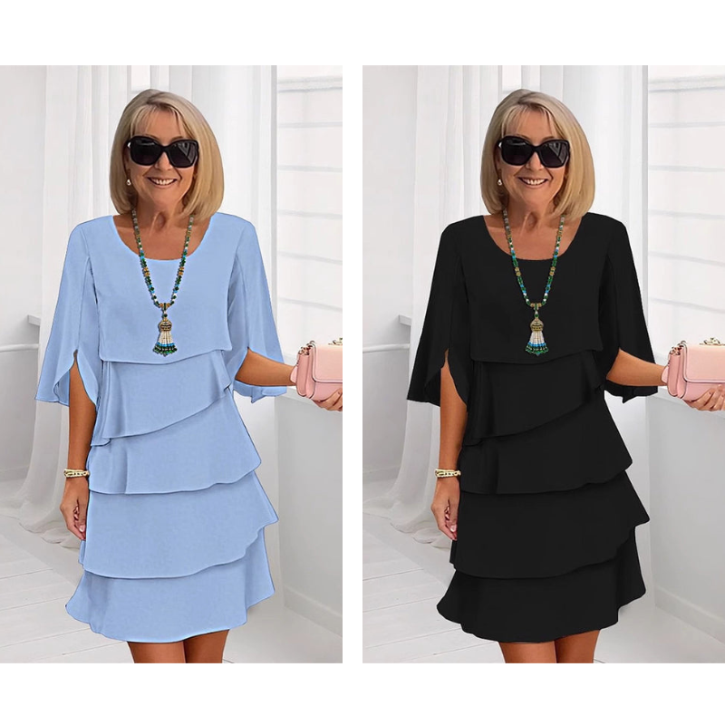 Monika Blau Gestuftes Rüschen-Kleid mit Flutter-Ärmeln für Damen | Leicht Fliessend | Alltag & Events - S/M/L/XL/2XL/3XL