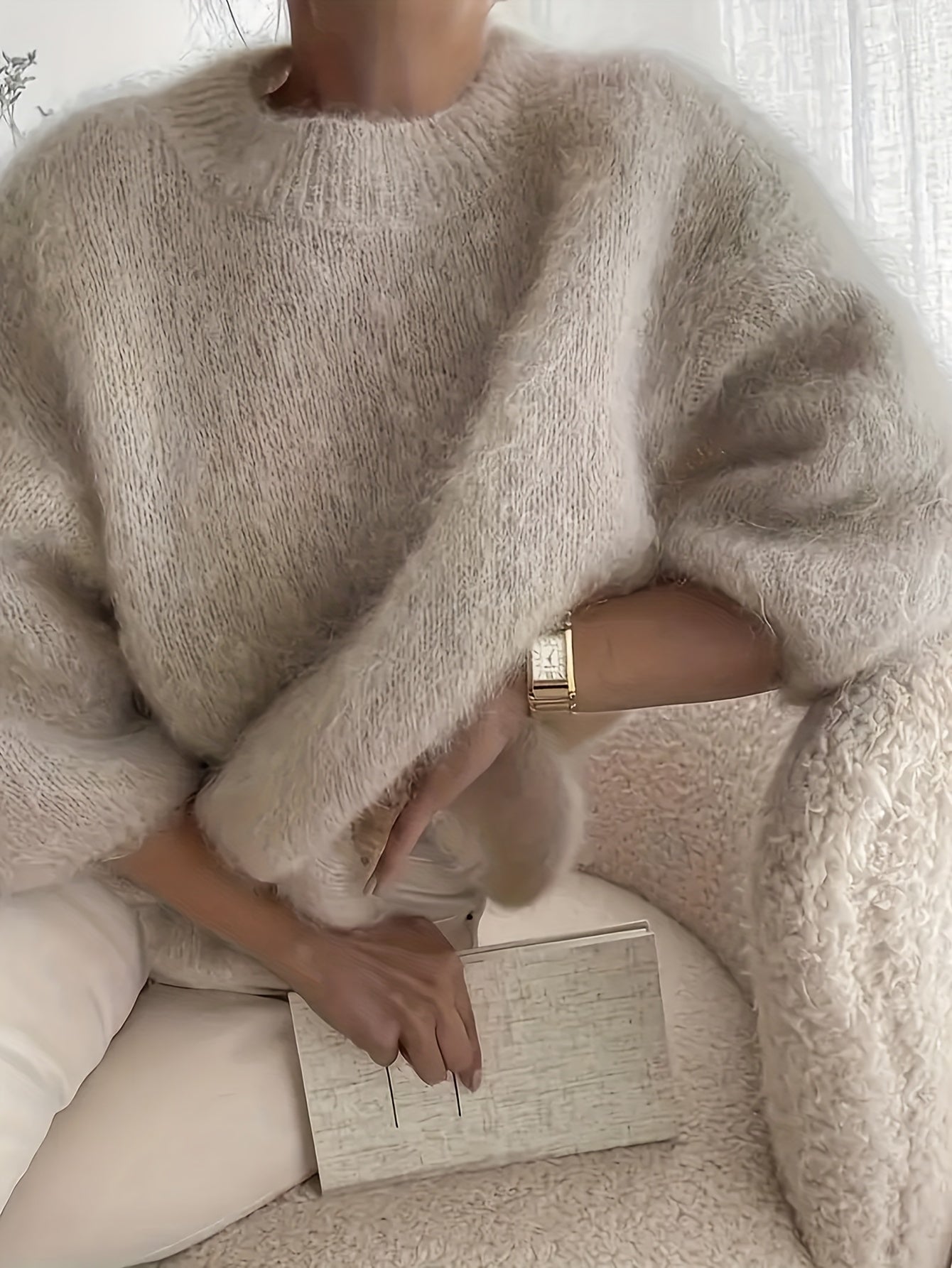 Vreni Khaki Flauschiger Oversized Pullover für Damen | Weicher Rundhalspullover Herbst Winter - XXS/XS/S/M/L/XL/XXL