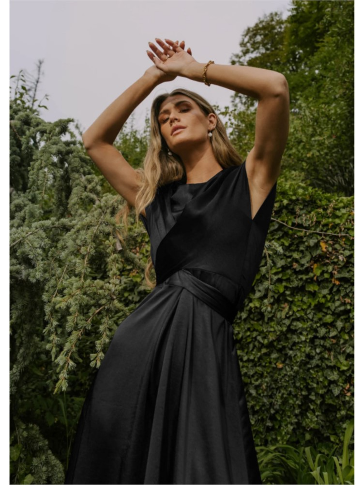 Elisabeth Rot Satin Crossover Midi Kleid für Damen | Elegante A-Linie Passform | Hochzeiten und Abendanlässe | Rückenschleife - S/M/L/XL