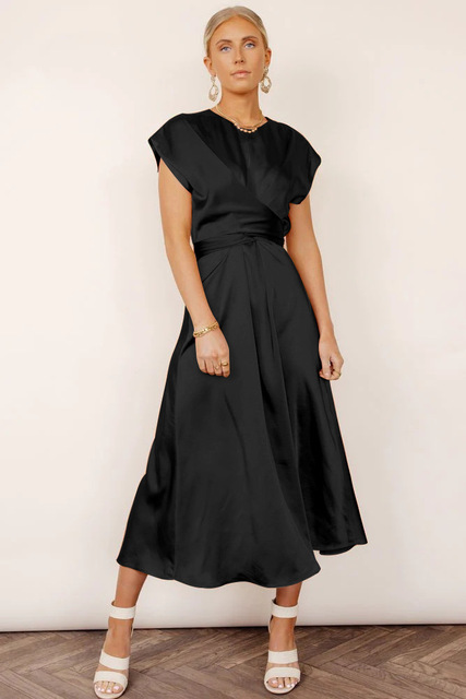 Elisabeth Rot Satin Crossover Midi Kleid für Damen | Elegante A-Linie Passform | Hochzeiten und Abendanlässe | Rückenschleife - S/M/L/XL