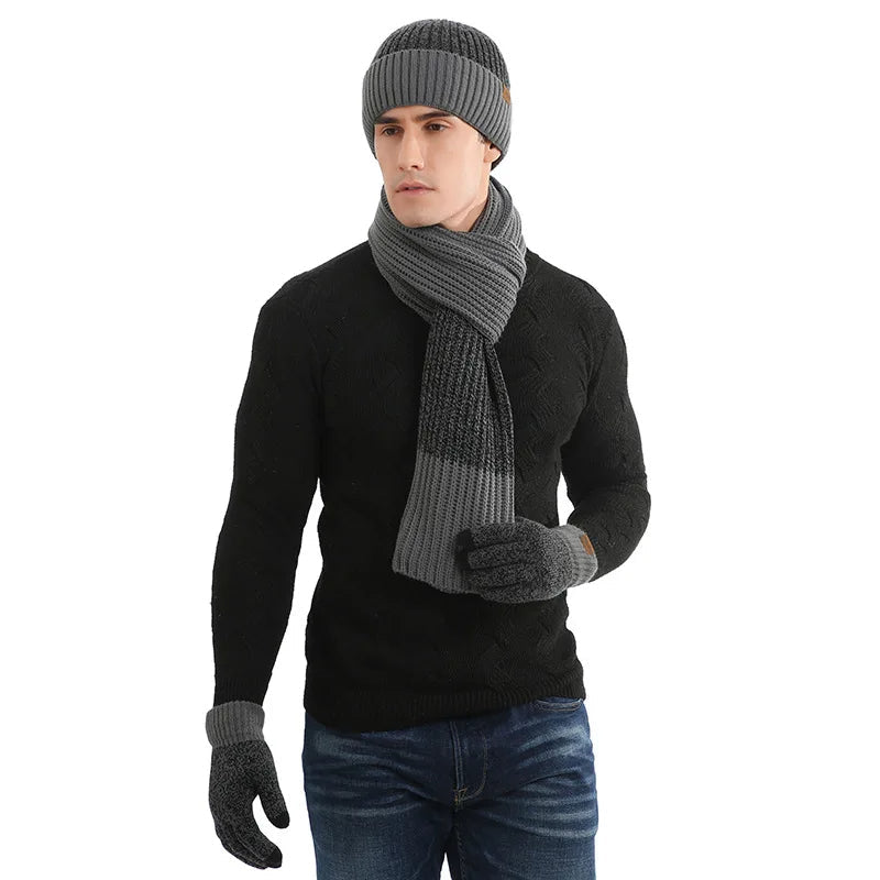 Werner Bordeaux Gestricktes Winter-Set Mütze Schal Handschuhe für Herren | Kontraststreifen Casual - Einheitsgrösse
