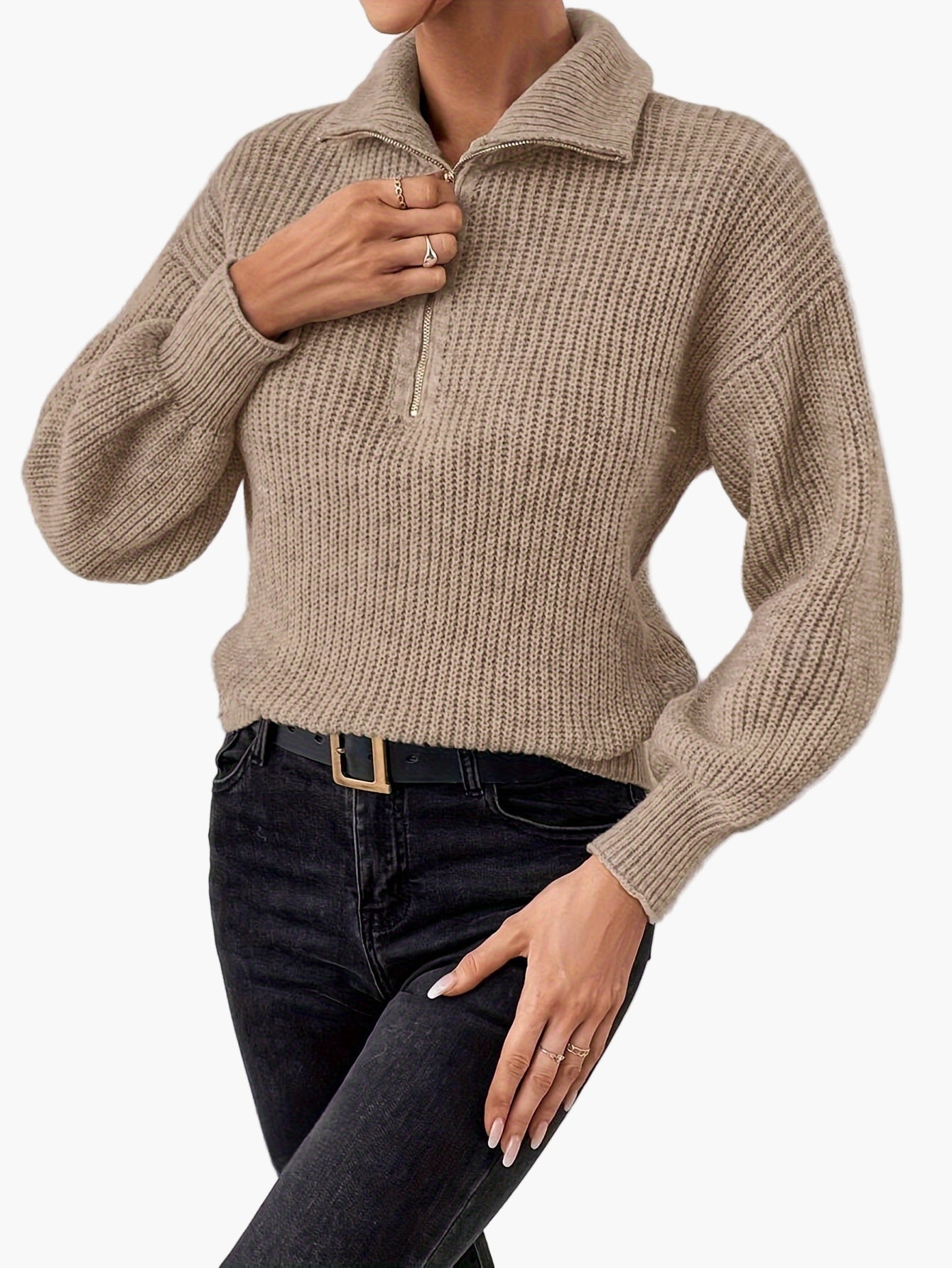 Hildegard Grün Rippenstrick Halbzip-Pullover für Damen | Casual Lapelkragen Langarm - XS/S/M/L