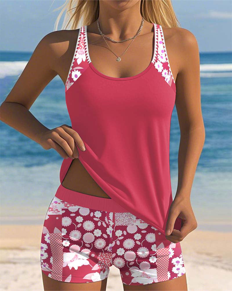 Vreni Lila Florales Tankini Set für Damen | Schnelltrocknend Sportlich - S/M/L/XL/2XL/3XL/4XL