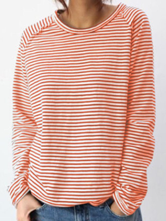Monika Weiß Gestreiftes Rundhals Langarm-Top für Damen | Lockere Passform Lässiger Stil | Alltag & Freizeit - S/M