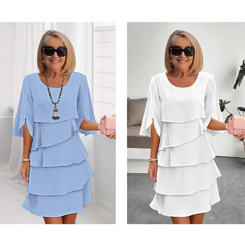 Monika Blau Gestuftes Rüschen-Kleid mit Flutter-Ärmeln für Damen | Leicht Fliessend | Alltag & Events - S/M/L/XL/2XL/3XL