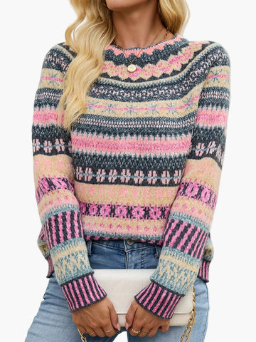 Hannelore Dunkelgrau Fair Isle Gemusterter Strickpullover für Damen | Rundhals Herbst Winter Casual - S/M/L/XL