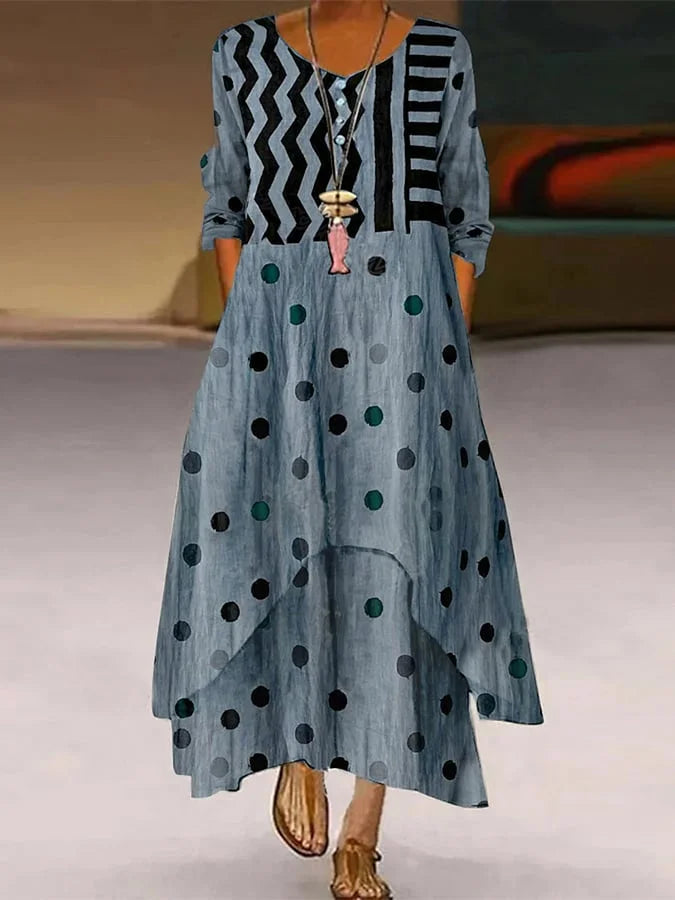 Rosemarie Braun Polka Dot Zigzag Langarm Maxikleid für Damen | Fliessend Bequem | Alltag und Reisen - S-2XL