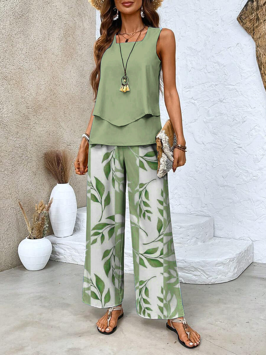 Monika Grünes Blatt Ärmellos Blattdruck Zweiteiler Damen-Set | Leichter Fliessender Look | Sommer Casual - S-3XL