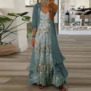 Rosemarie Grün Floral Maxi Kleid mit Jacke Zweiteiliges Set für Damen | Fliessender Boho-Stil | Sommer & Urlaub - S/M/L/XL/2XL/3XL