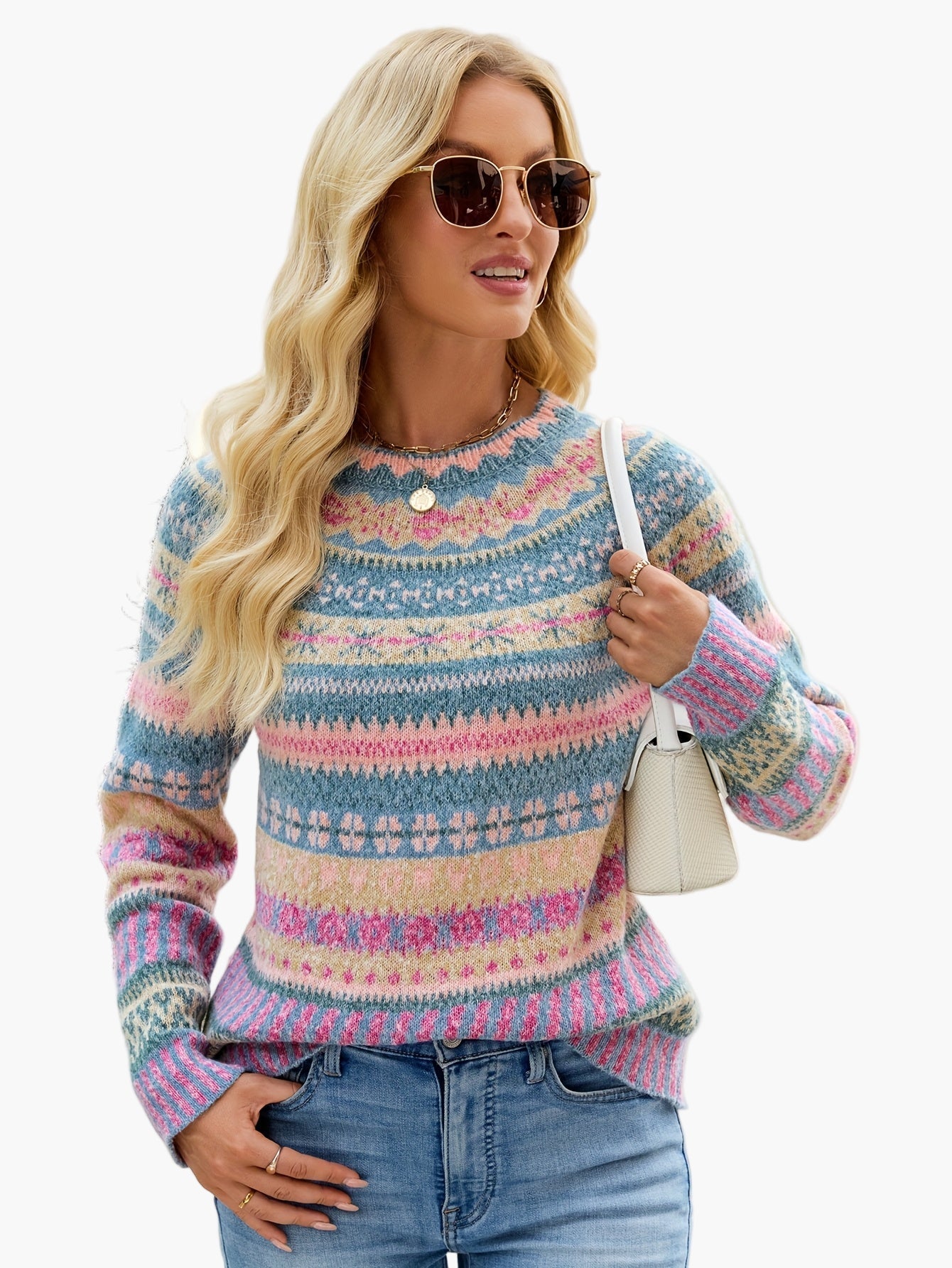 Hannelore Dunkelgrau Fair Isle Gemusterter Strickpullover für Damen | Rundhals Herbst Winter Casual - S/M/L/XL