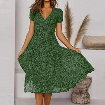 Monika Stil 1 Puffärmel V-Ausschnitt Wickel-Midikleid für Damen | Leichtes A-Linien-Kleid - S/M/L/XL/2XL