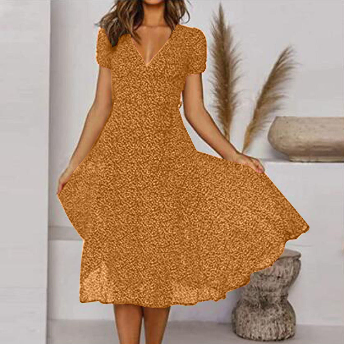 Monika Stil 1 Puffärmel V-Ausschnitt Wickel-Midikleid für Damen | Leichtes A-Linien-Kleid - S/M/L/XL/2XL