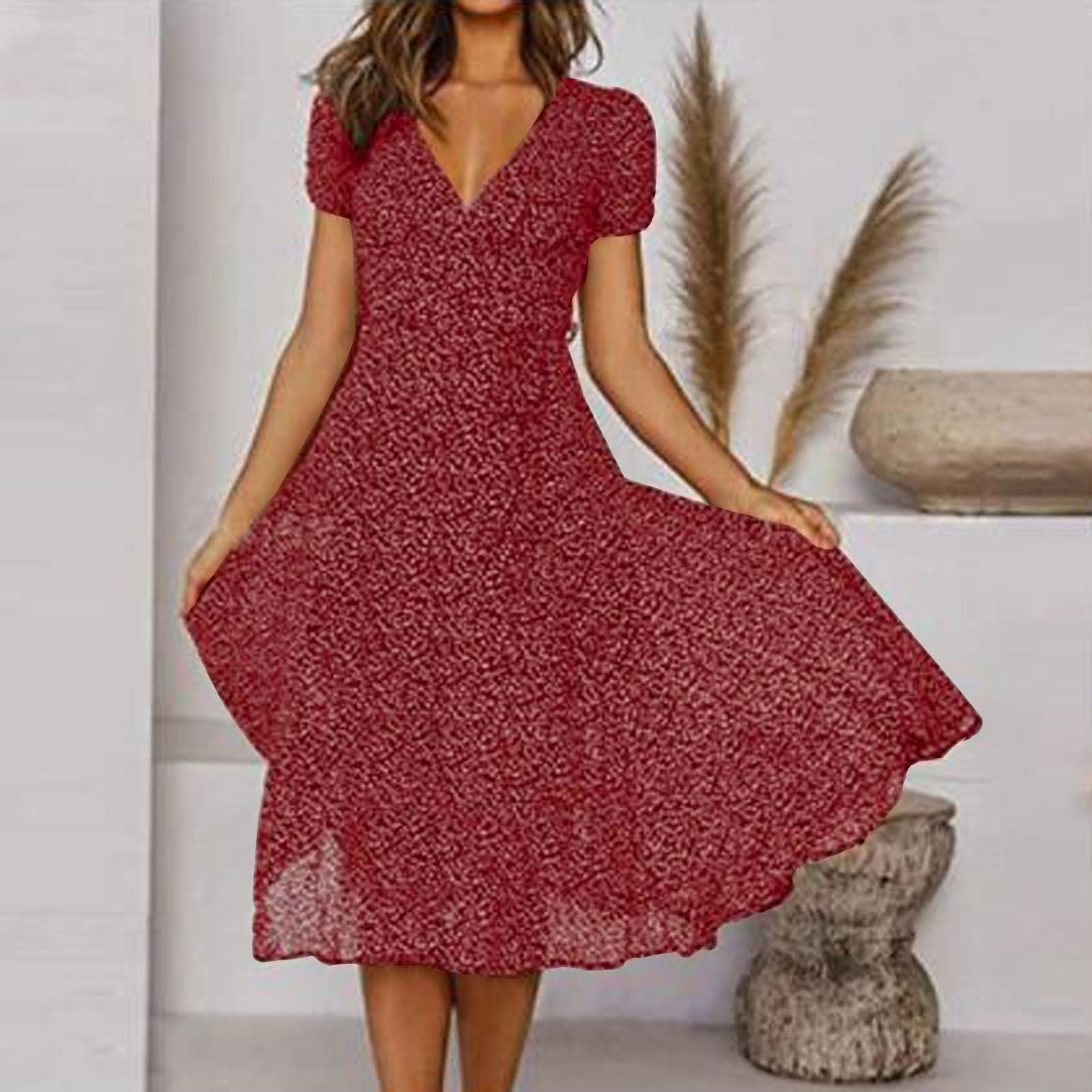 Monika Stil 1 Puffärmel V-Ausschnitt Wickel-Midikleid für Damen | Leichtes A-Linien-Kleid - S/M/L/XL/2XL