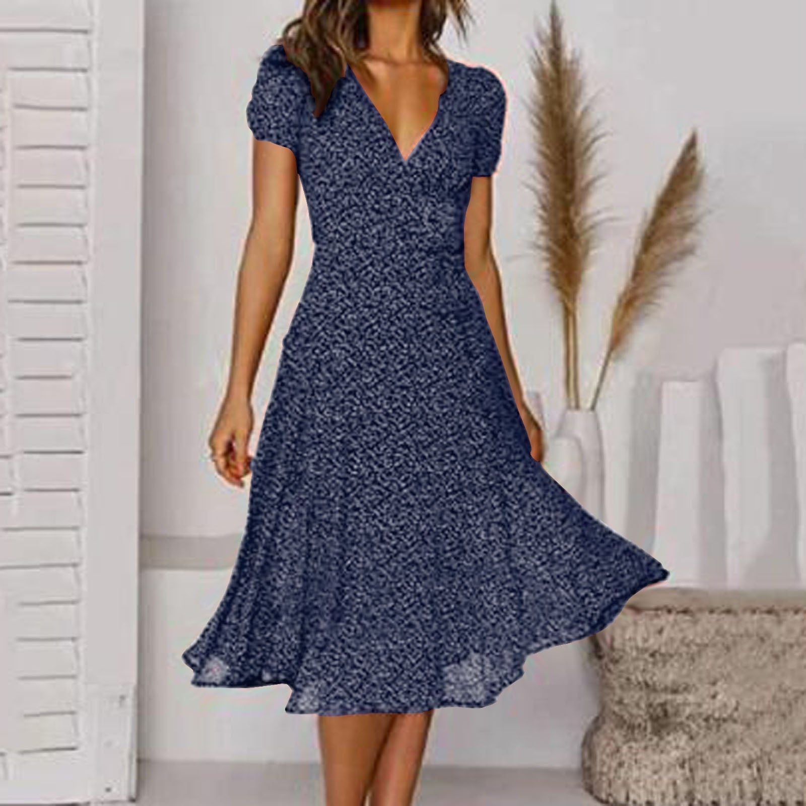 Monika Stil 1 Puffärmel V-Ausschnitt Wickel-Midikleid für Damen | Leichtes A-Linien-Kleid - S/M/L/XL/2XL