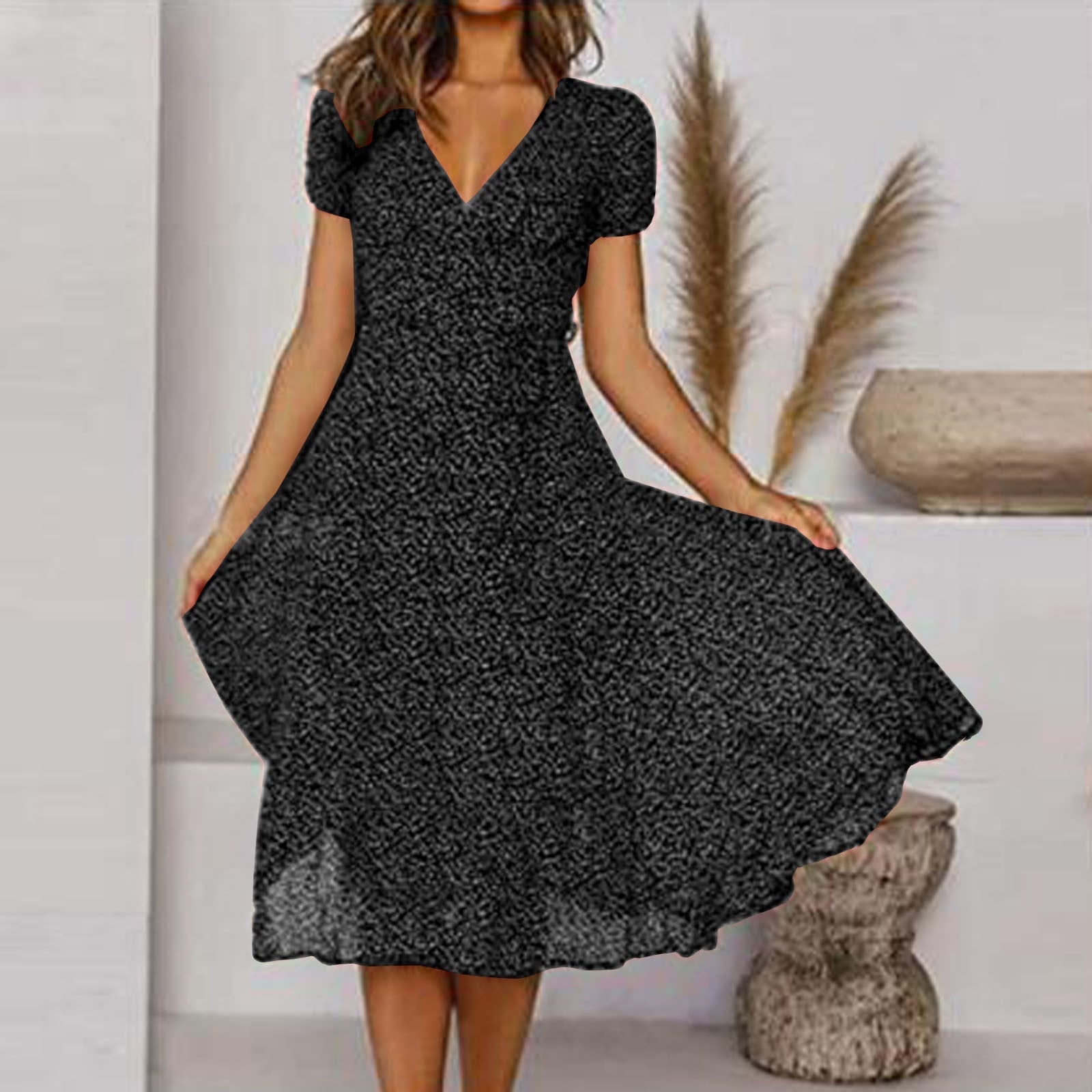 Monika Stil 1 Puffärmel V-Ausschnitt Wickel-Midikleid für Damen | Leichtes A-Linien-Kleid - S/M/L/XL/2XL