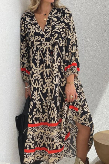 Monika Schwarz Bohème Damask-Print Maxikleid für Damen | Fliessende Passform | V-Ausschnitt - S/M/L/XL/2XL/3XL