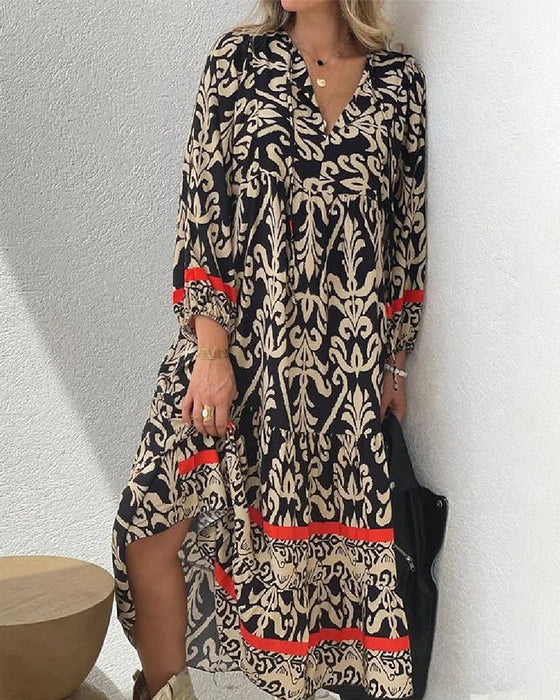 Monika Schwarz Bohème Damask-Print Maxikleid für Damen | Fliessende Passform | V-Ausschnitt - S/M/L/XL/2XL/3XL