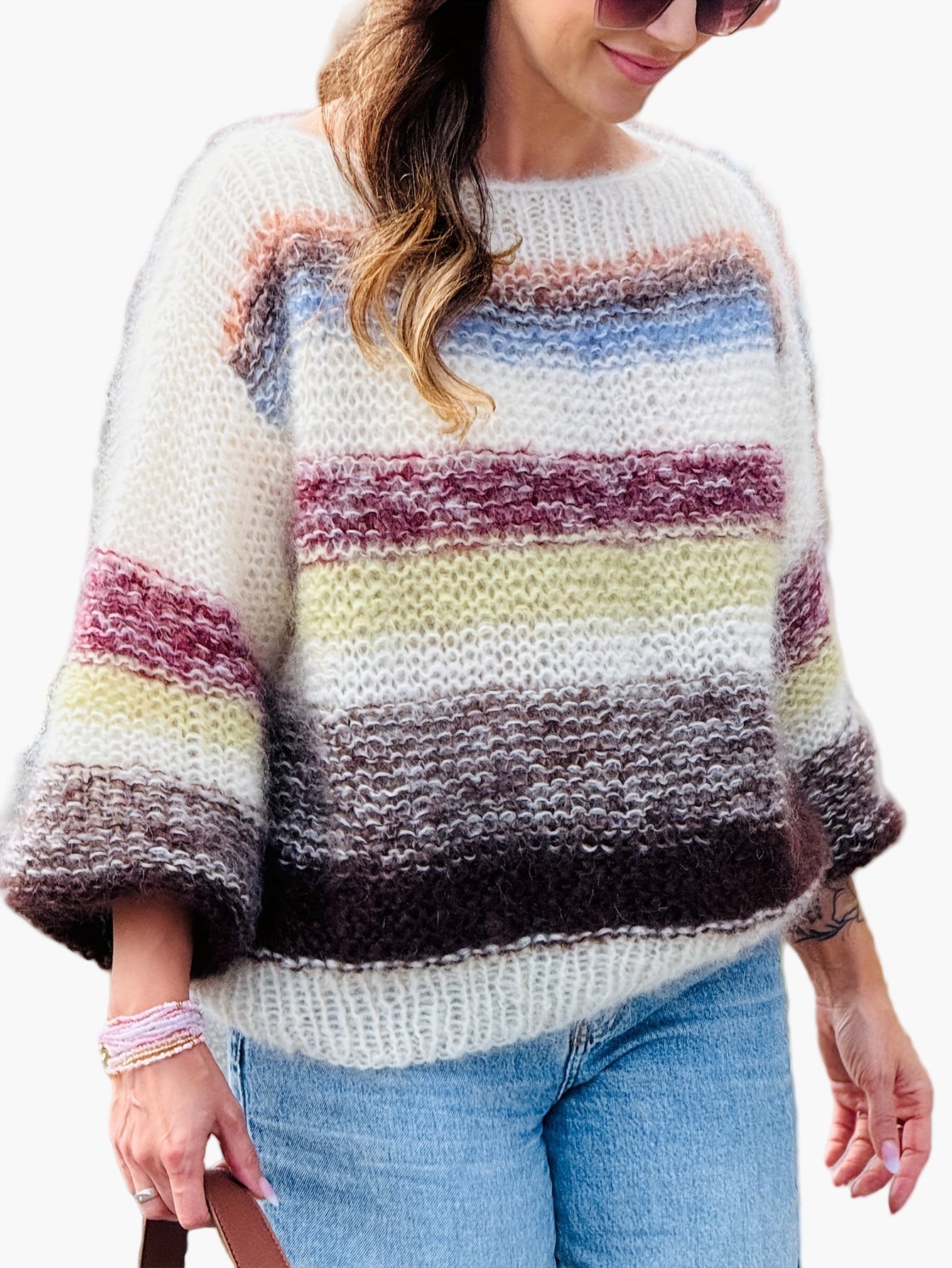 Nora Mehrfarbig Gestreifter Oversized Strickpullover für Damen | Herbst Winter Casual Stil - S/M/L