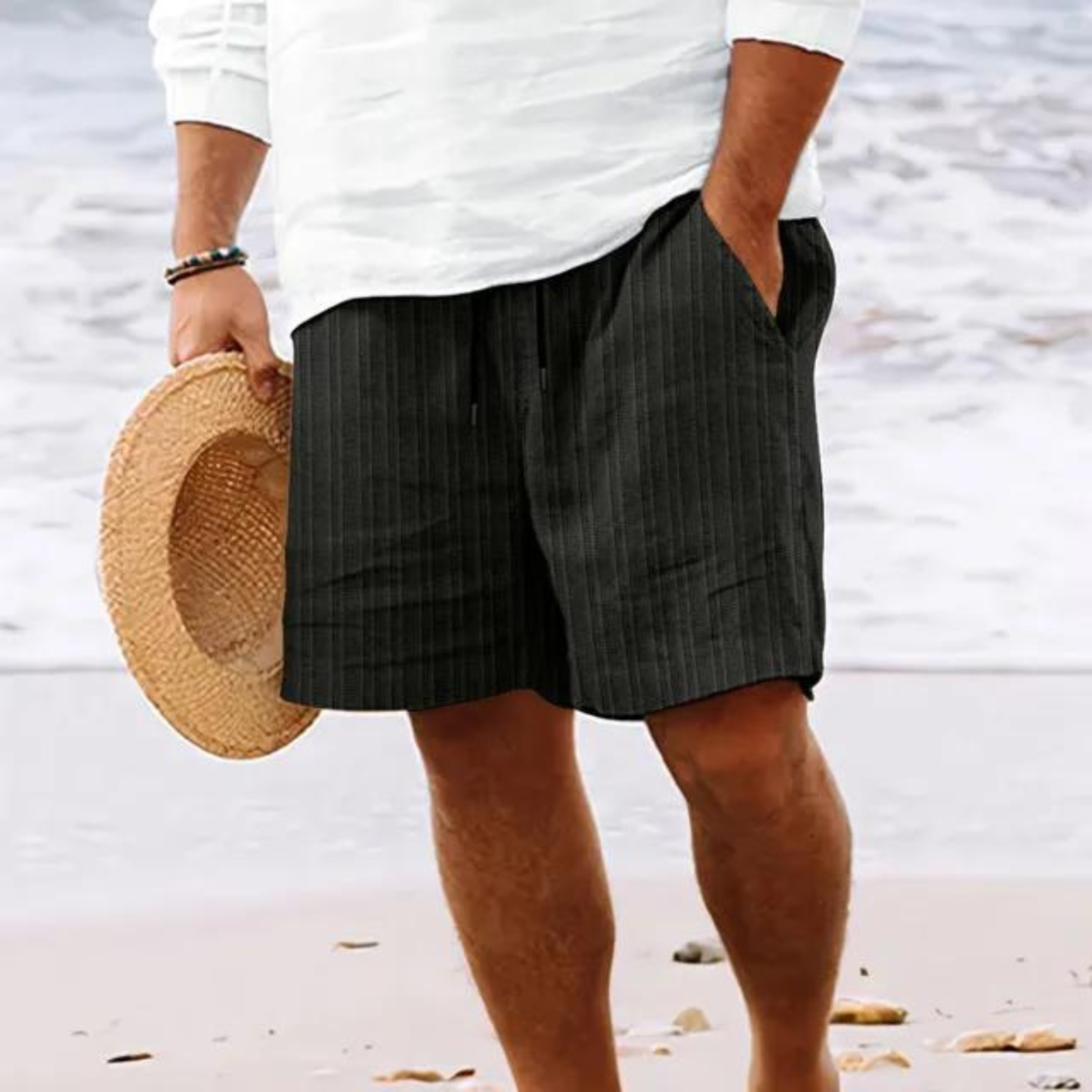 Werner Weiss Gestreifte Leinenoptik Shorts für Herren | Elastischer Bund Casual Fit | Strand und Freizeit - S-3XL