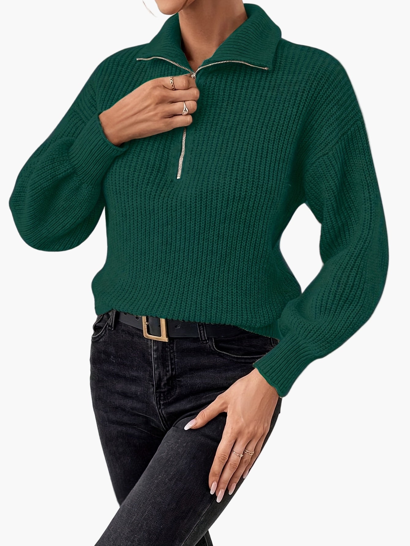 Hildegard Grün Rippenstrick Halbzip-Pullover für Damen | Casual Lapelkragen Langarm - XS/S/M/L