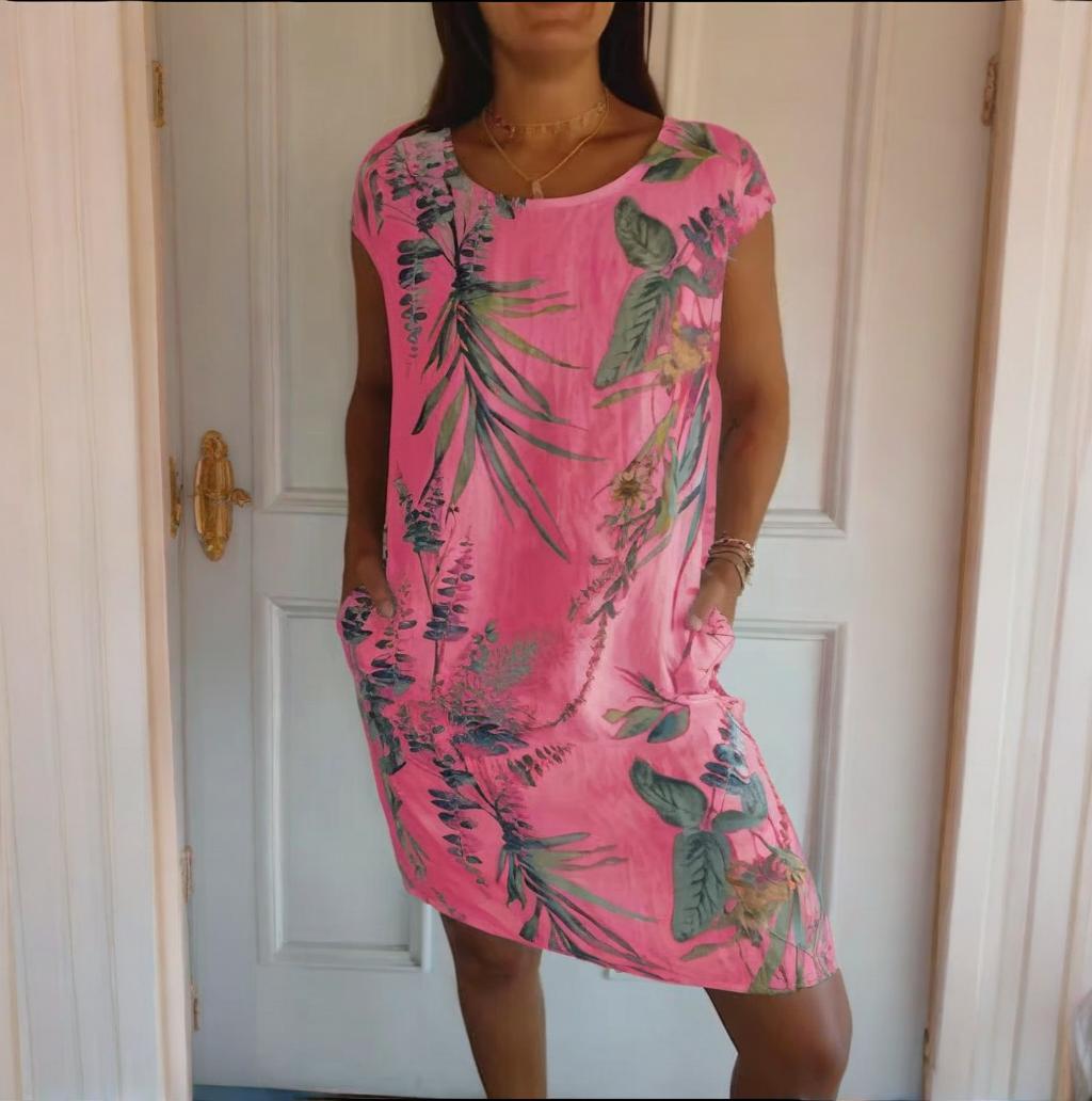 Monika Weiß Botanischer Print Rundhals Sommerkleid für Damen | Leichter Komfort mit Taschen | Alltag & Urlaub - S-4XL