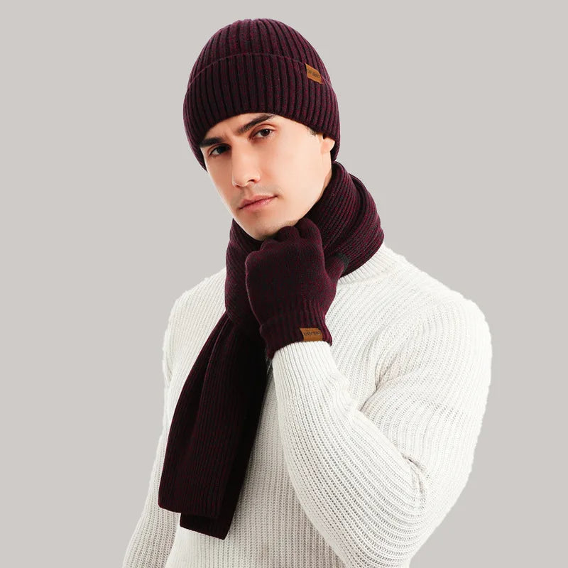 Heinz Grau Strickset Mütze Schal Handschuhe für Herren | Winter Dreiteiler Grobstrick Casual - Einheitsgrösse