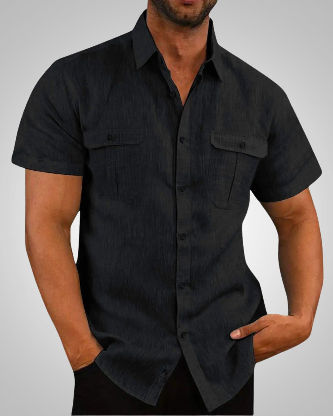 Beat Hellblau Leinenoptik Kurzarm-Hemd mit Brusttaschen für Herren | Casual Relaxed Fit - M/L/XL/2XL/3XL/4XL/5XL
