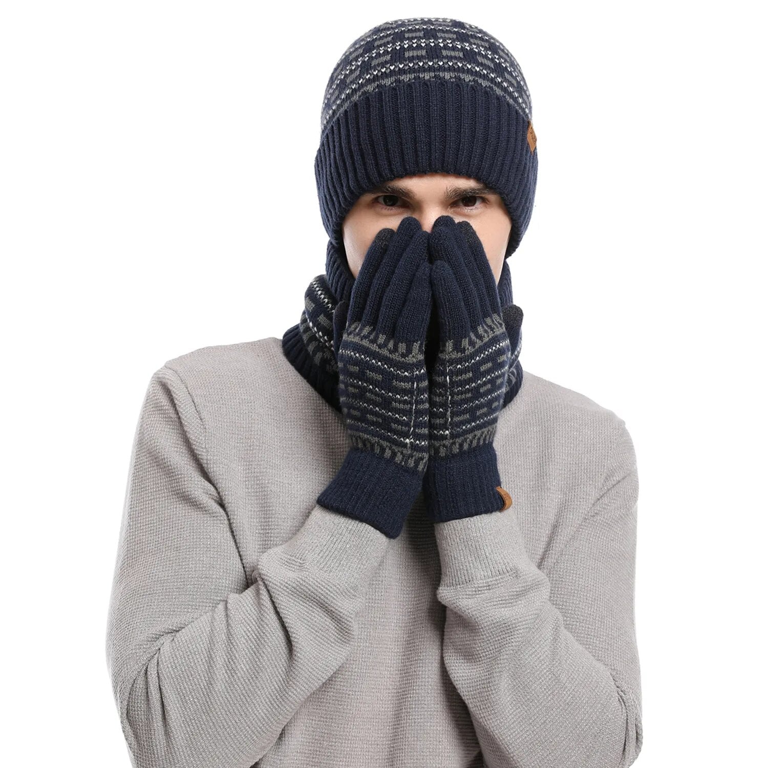 Theo Hellgrau Gefüttertes Strick-Winterset Mütze Schal Handschuhe für Herren | Winter Outdoor Casual - Einheitsgrösse