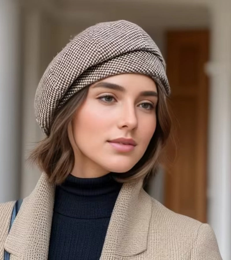 Renate Khaki Kariertes Barett für Damen | Französischer Stil Herbst Winter - Einheitsgrösse