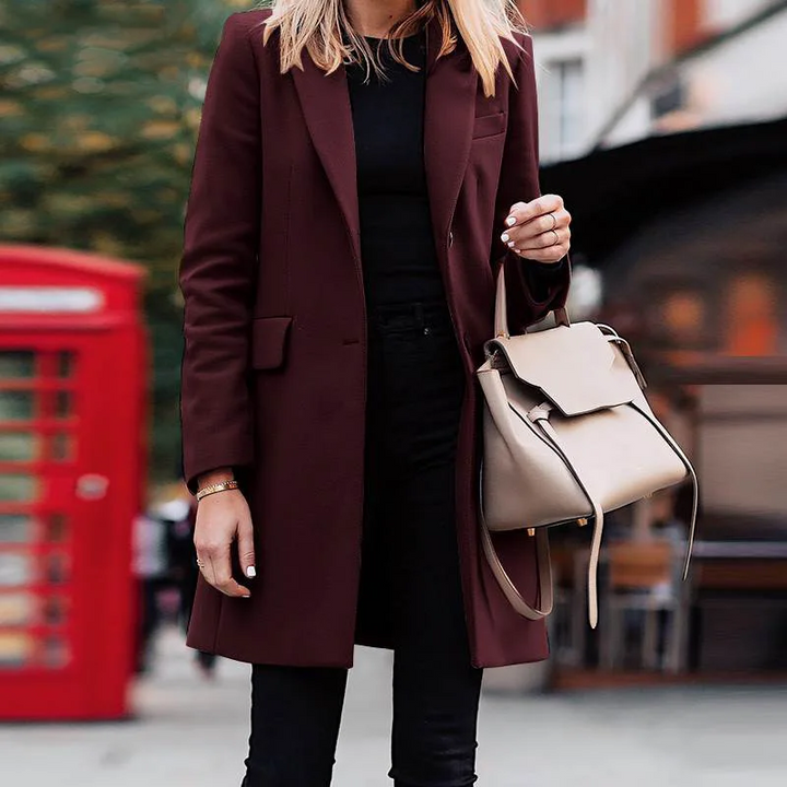 Madeleine Weinrot Langer Mantel mit Blazer-Kragen für Damen | Eleganter Longline Stil - S/M/L/XL/2XL/3XL/4XL/5XL