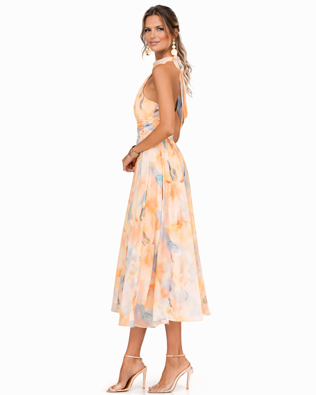 Rosemarie Peach Aquarell-Print Halter Neck Midi Kleid für Damen | Fliessende A-Linie | Hochzeit & Sommerfeier - S/M/L/XL/2XL/3XL
