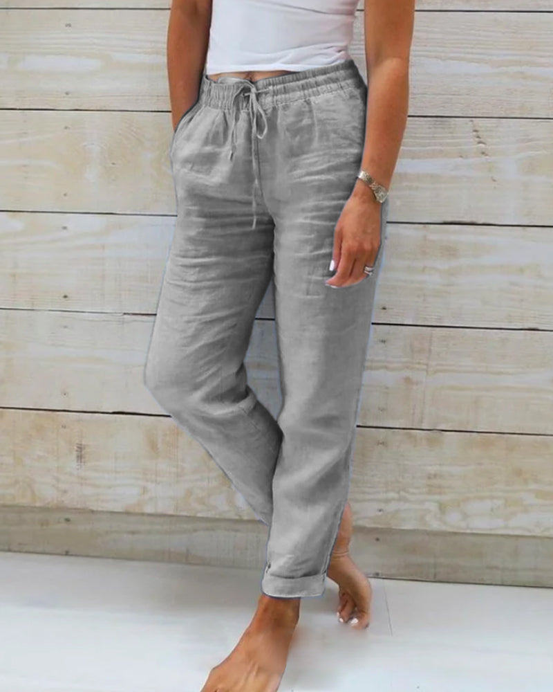 Elsbeth Blau Leinen Straight-Leg Hose für Damen | Elastischer Kordelzugbund | Sommer Alltag - S-5XL