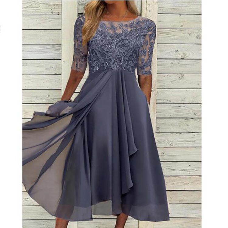 Rosemarie Grün Spitzen-Chiffon Midikleid für Damen | Elegante A-Linie | Hochzeit & Abendanlass - S/M/L/XL/2XL/3XL