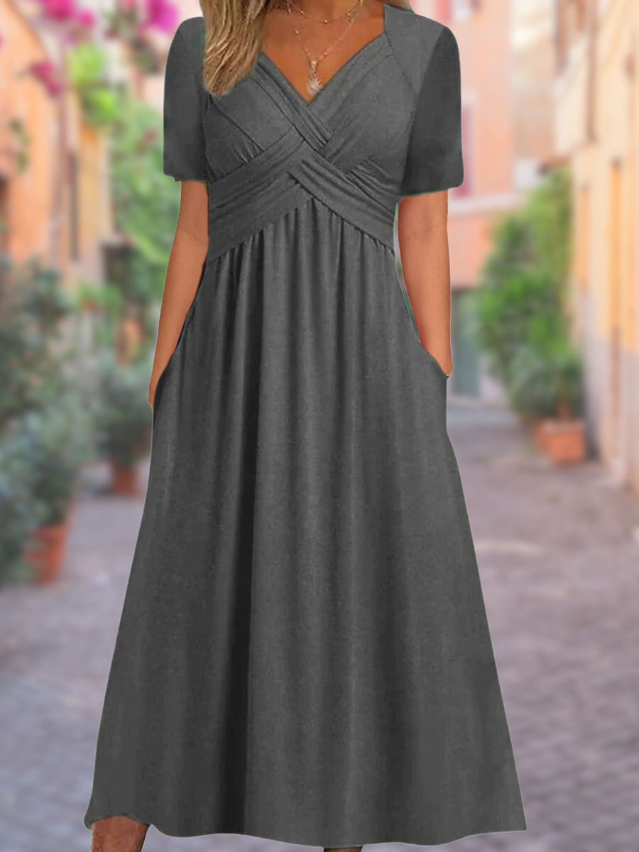 Monika Grau Kreuzrücken V-Ausschnitt Midi-Kleid für Damen | Elegante A-Linie mit Taschen - S/M/L/XL/2XL/3XL