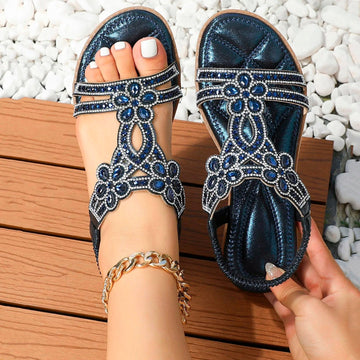 Sonja Blau Strass Boho Sandalen für Damen | Gepolstertes Fussbett flacher Stil | Urlaub und Alltag - 35-42