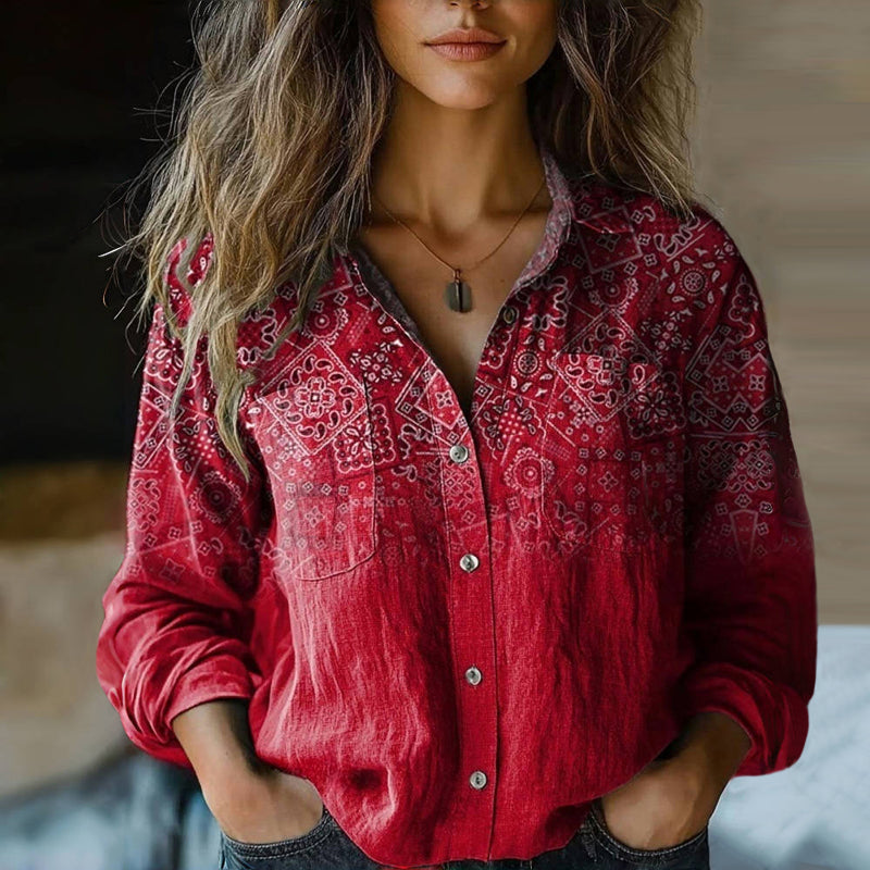 Vreni Rote Vintage-Print Langarm Damenbluse | Lockere Passform Boho-Stil | Freizeit und Reisen - S-3XL