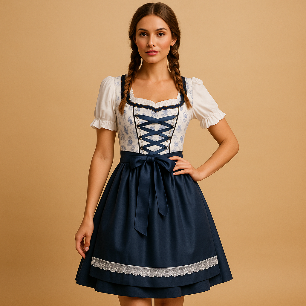 Vreni Blau Geblümtes Dirndl mit Schürze und Spitzenbesatz für Damen | Oktoberfest Trachtenkleid - S/M/L/XL