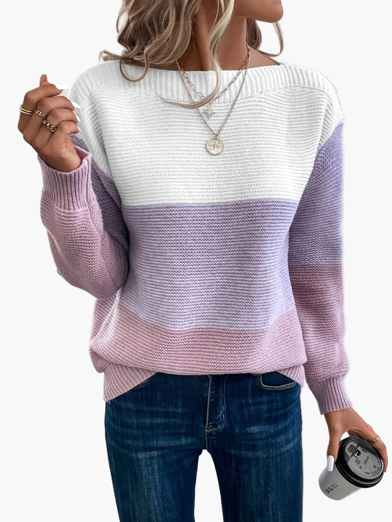 Brigitte Grün Colorblock Strickpullover für Damen | Oversized Rundhals Casual Herbst Winter - S/M/L/XL