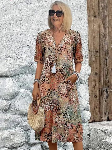 Vreni Beige Floral Print V-Neck Midi Dress for Women | Flowy Relaxed Fit | Sommerurlaub - S/M/L/XL/2XL/3XL