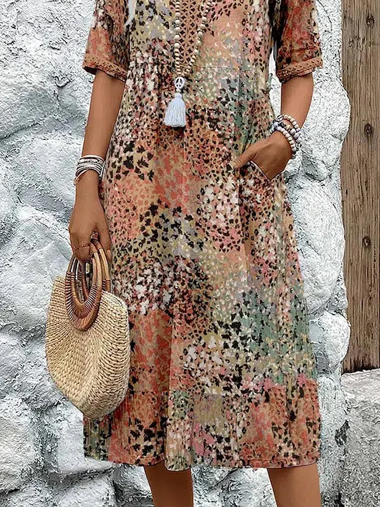 Vreni Beige Floral Print V-Neck Midi Dress for Women | Flowy Relaxed Fit | Sommerurlaub - S/M/L/XL/2XL/3XL
