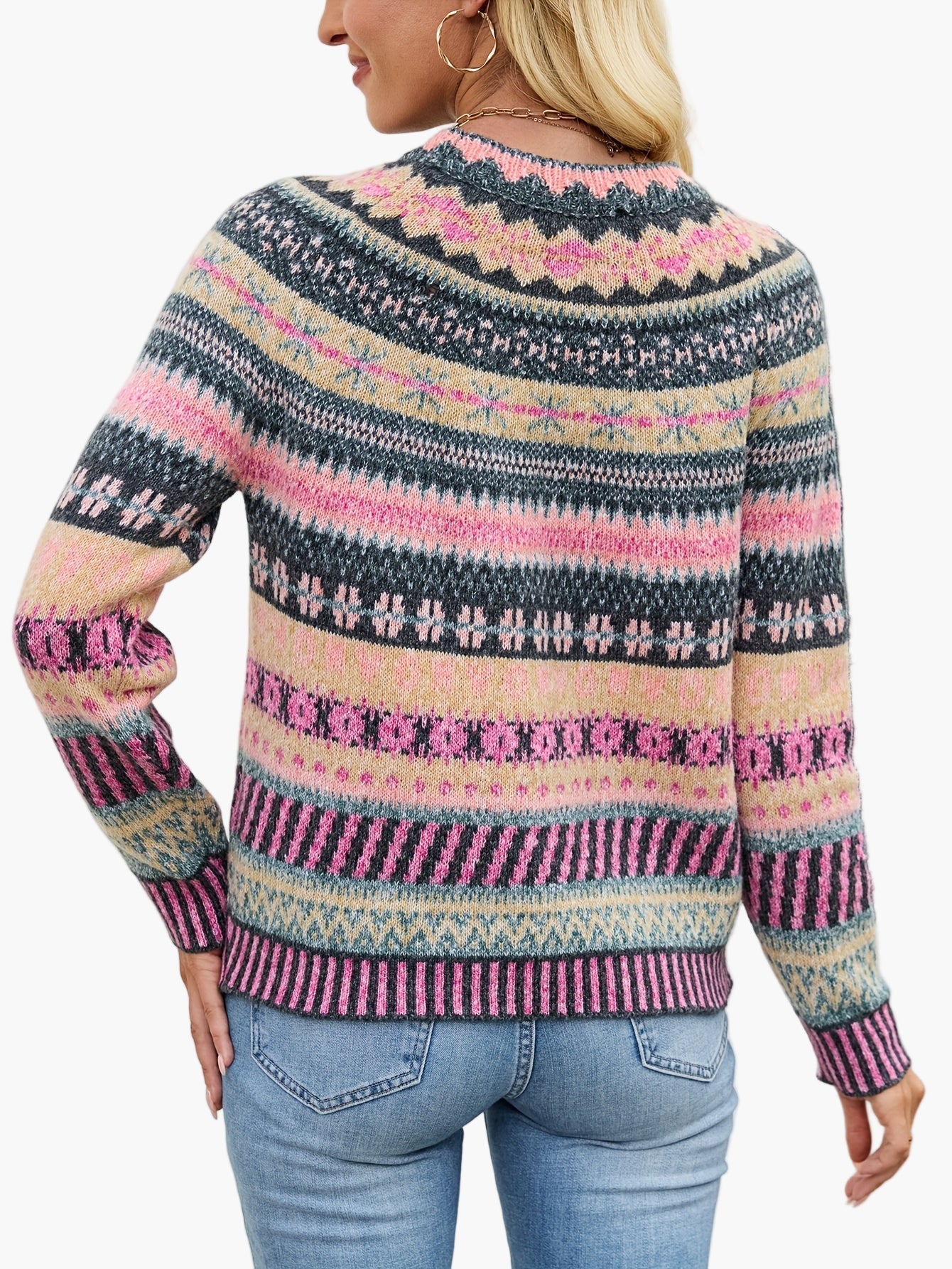 Hannelore Dunkelgrau Fair Isle Gemusterter Strickpullover für Damen | Rundhals Herbst Winter Casual - S/M/L/XL