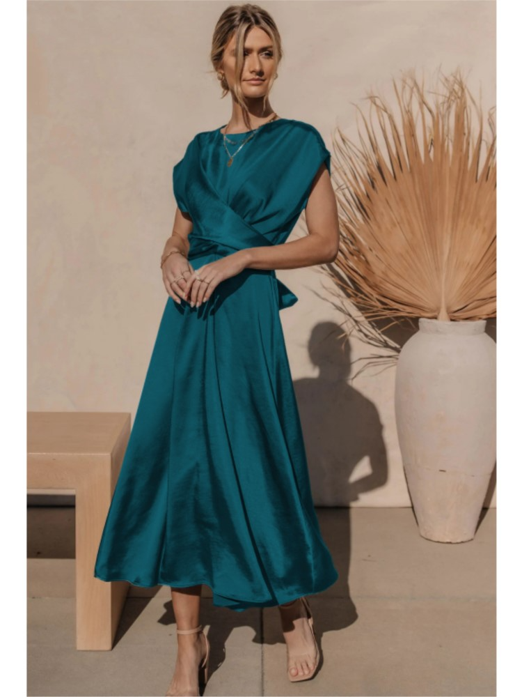 Elisabeth Rot Satin Crossover Midi Kleid für Damen | Elegante A-Linie Passform | Hochzeiten und Abendanlässe | Rückenschleife - S/M/L/XL