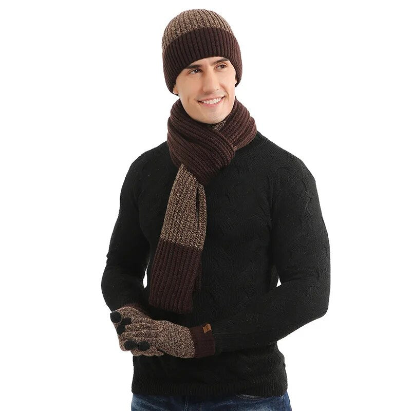 Werner Bordeaux Gestricktes Winter-Set Mütze Schal Handschuhe für Herren | Kontraststreifen Casual - Einheitsgrösse