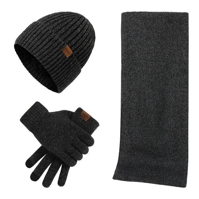 Heinz Grau Strickset Mütze Schal Handschuhe für Herren | Winter Dreiteiler Grobstrick Casual - Einheitsgrösse