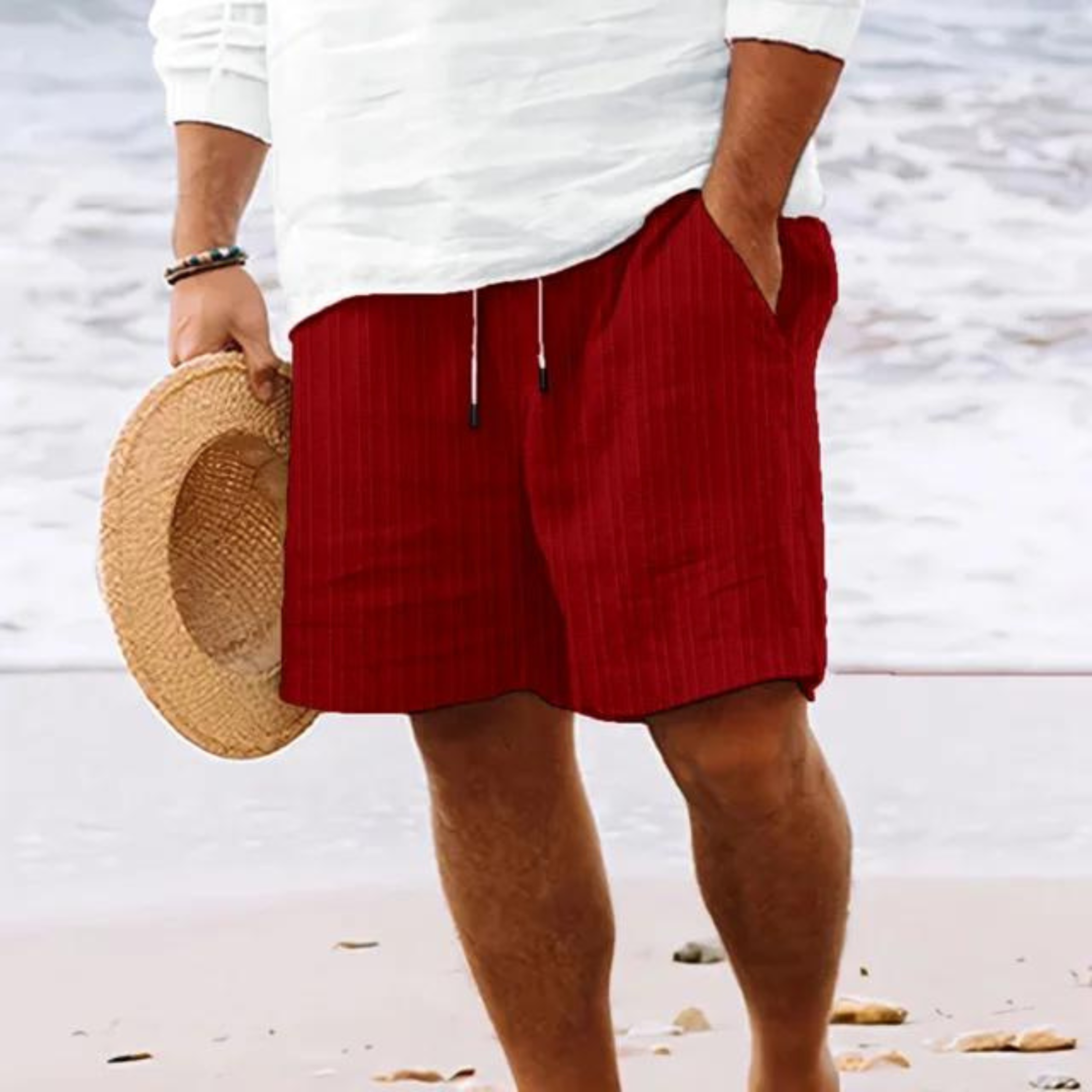 Werner Weiss Gestreifte Leinenoptik Shorts für Herren | Elastischer Bund Casual Fit | Strand und Freizeit - S-3XL
