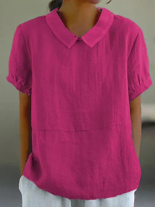 Monika Blau Leinen-Bluse mit Rundkragen für Damen | Luftig Entspannter Schnitt | Alltag & Büro | Kurzarm - S/M/L/XL/2XL/3XL