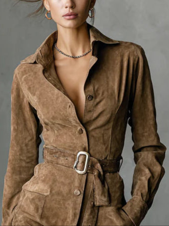 Monika Braun Belted Suede-Look Midi Dress for Women | Figurbetonend Elegant | Herbst Winter - XS/S/M/L/XL/2XL